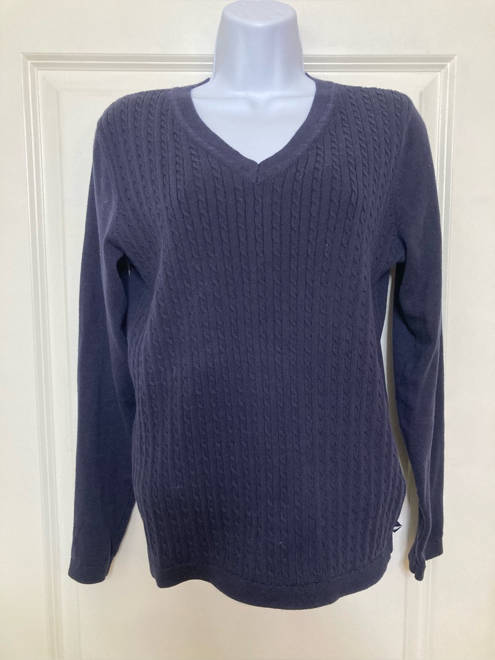 Nautica Jeans Women’s Blue V-Neck Cable Knit Sweater Size S Old Money Preppy